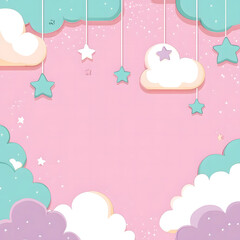 Pink background design with teal and white stars, clouds, banner template design, vector illustration design, flat design, cute style, simple shapes