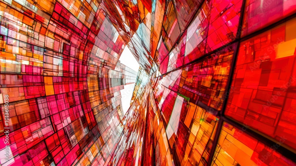 Poster abstract red and orange geometric pattern of interlocking rectangles