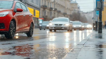 Rainy city street with cars driving by, reflections on wet pavement create moody atmosphere. scene captures essence of urban life in inclement weather