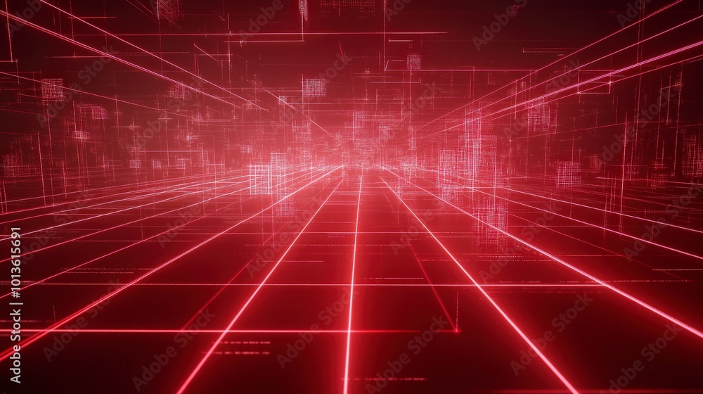 Poster immersive digital landscape with red neon lights creating a dynamic grid