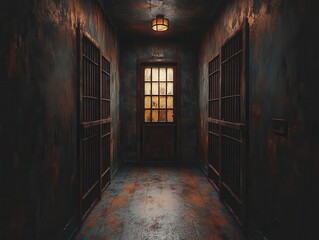 Obraz premium Shadows of Confinement: A Haunting Glimpse Down an Abandoned Prison Corridor