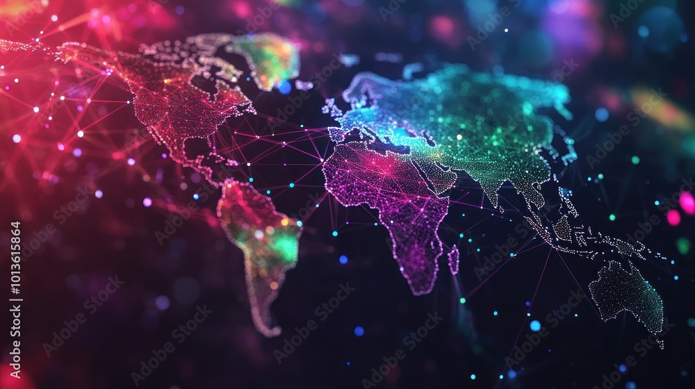 Poster a colorful digital representation of a world map with interconnected nodes.