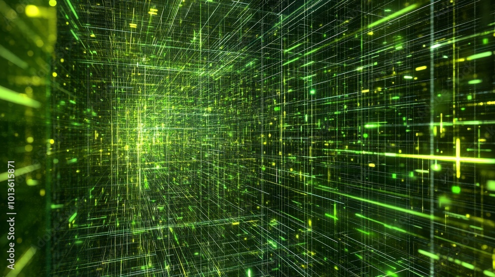 Poster abstract digital grid with glowing green lines in a virtual space