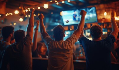 Soccer Club Members Cheering for Their Team, Playing in an International Cup Final. Supportive Fans Standing in a Bar, Cheering, Raising Hands and Shouting. Friends Celebrate Victory After the