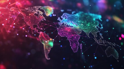 A colorful digital representation of a world map with interconnected nodes.