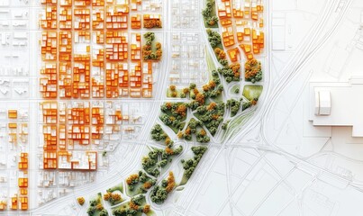 A detailed, technical blueprint showcasing urban planning and city zoning. A layout of a city, including residential, commercial, industrial zones and, Generative AI