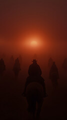 group of riders on horseback moves through dense fog as sun sets, creating dramatic and mysterious atmosphere. silhouettes of horses and riders are highlighted against warm glow of sun