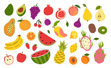 Set of fruit and berry icons. Natural tropical fruits. Papaya, banana, avocado, pineapple, coconut, strawberry, watermelon, orange, lemon, cherry, plum, pear, apple. Vector illustration. Isolated