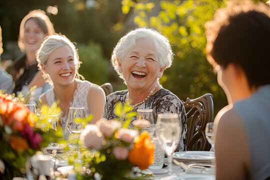 A group of happy senior friends laughing and enjoying an outdoor dining experience, surrounded by plants in their backyard during the summer season