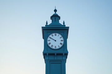 Historic clock tower against a clear blue sky at sunset in a peaceful urban setting