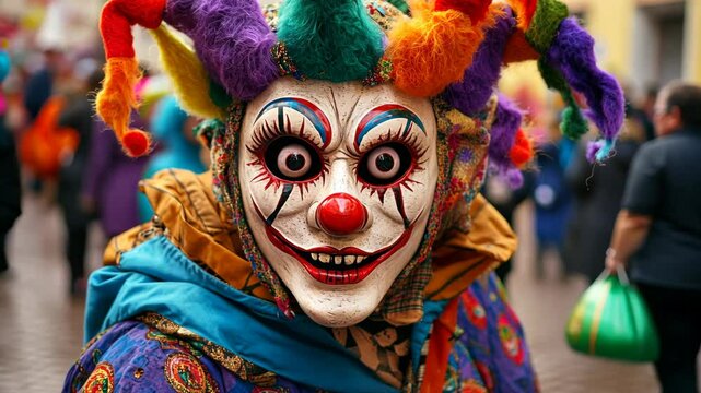 A person wearing a colorful jester costume and a creepy clown mask walks through a crowded street