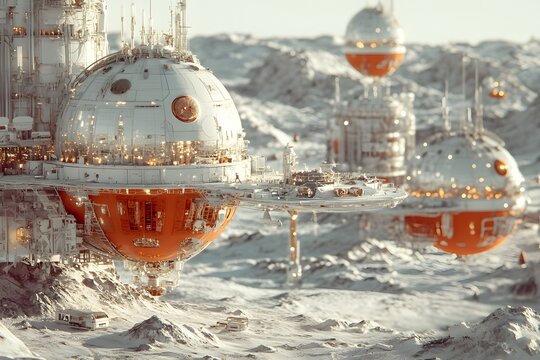 Detailed view of futuristic lunar colony, spherical habitats with domed designs and bright orange accents. Rugged, rocky landscape,  structures equipped with advanced technology of modern innovation