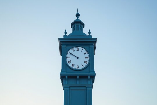 Historic clock tower against a clear blue sky at sunset in a peaceful urban setting