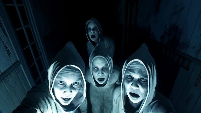 Four eerie, hooded figures with pale, expressionless faces stare directly forward in a dim, unsettling environment, evoking a sense of fear and mystery.