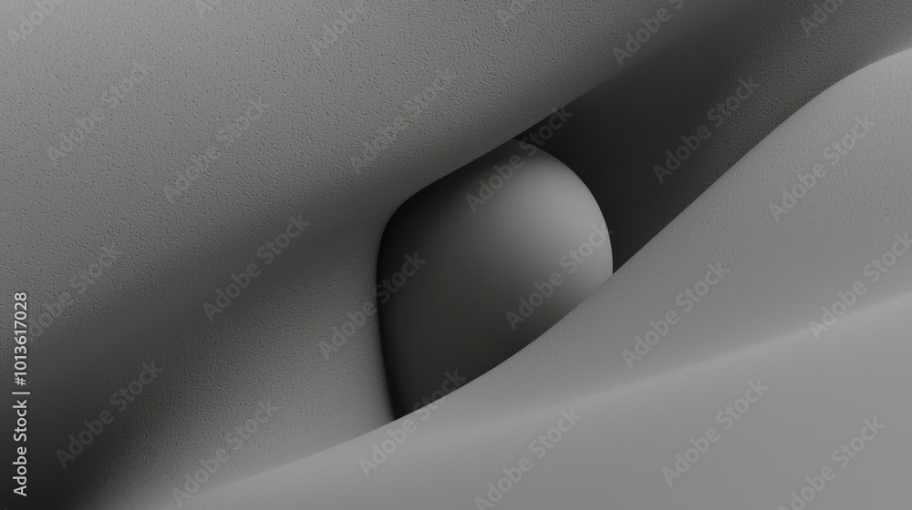 Poster a grey sphere partially hidden within a curved surface