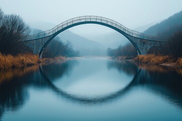 Obraz premium A serene misty morning at the curved bridge over a calm river encircled by mountains