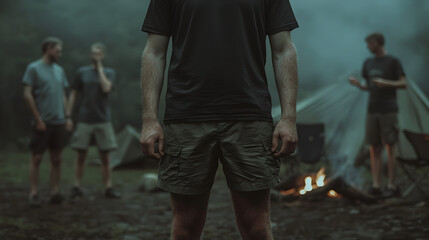 group of men camping in forest setting, with one man standing in foreground and others in background near campfire. atmosphere is moody and serene, capturing essence of outdoor adventure