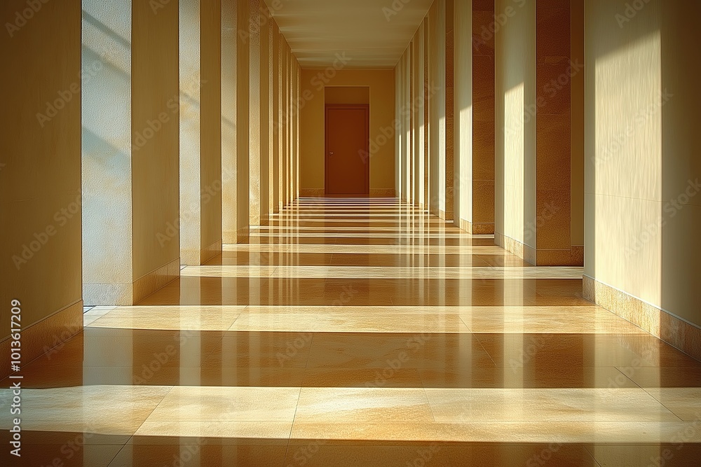 Poster light and shadows play across a long corridor with tall columns in a building at midday