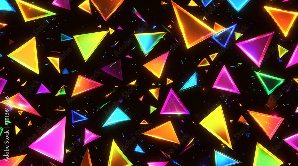 Poster vibrant neon triangles floating on a dark background with glowing edges