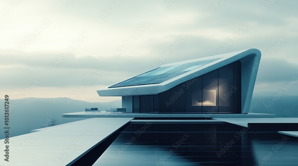 Wall mural Modern Concrete House with Solar Panels and Infinity Pool