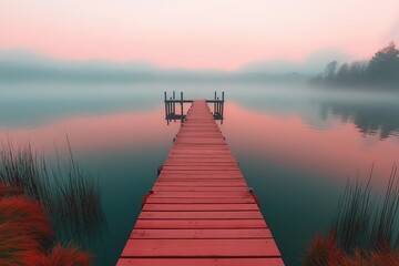 Fototapeta premium Serene wooden dock at dawn, extending into a misty lake with soft pink and purple skies