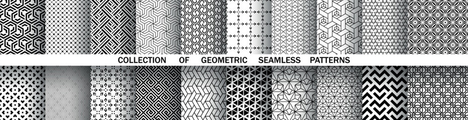 Geometric set of seamless black and white patterns. Simple vector graphics.