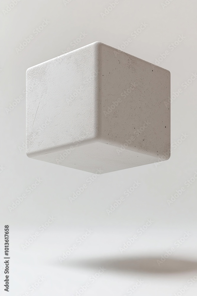 Poster a white cube floating gracefully in a minimalistic setting during soft natural light