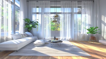 Bright living room with large windows, white couch, and plants.