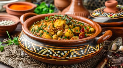 Savory Spiced Stew in Colorful Ceramic Dish   Rustic Homemade Meal from Global Cuisine