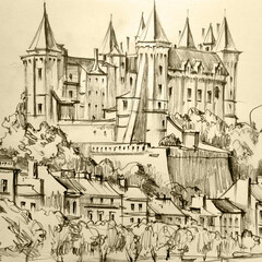 A sketch of a medieval European city and a royal castle made from life in black and white. Architectural monument, cultural and historical value.