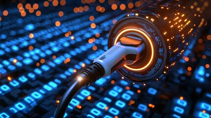 futuristic electric vehicle charging plug is depicted, showcasing advanced technology with glowing elements and digital background. image conveys innovation and future of transportation