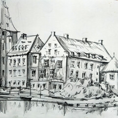 A sketch of a medieval European city and a royal castle made from life in black and white. Architectural monument, cultural and historical value.