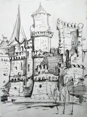 A sketch of a medieval European city and a royal castle made from life in black and white. Architectural monument, cultural and historical value.