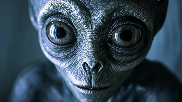 A close-up of an alien's face with large, black eyes