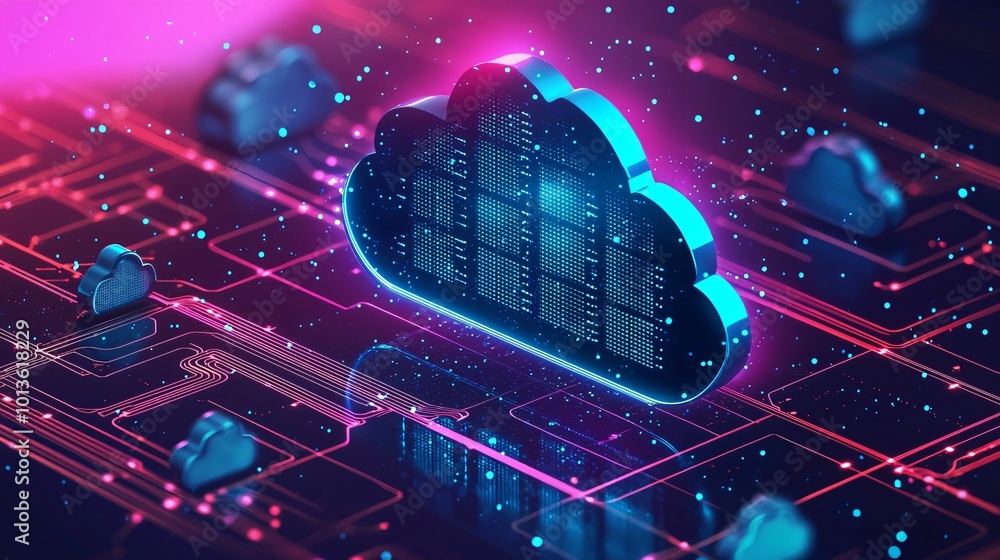 Poster vibrant isometric representation of cloud storage, showcasing glowing cloud icon amidst network of d