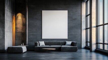 Loft-Style Living Room with Blank Art Canvas and Modern Minimalist Design, mockup
