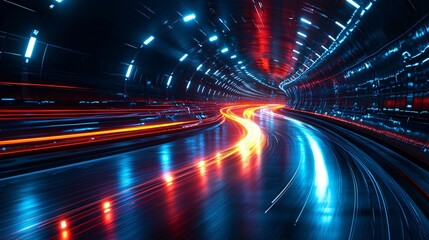 Dynamic motion in modern abstract tunnel, showcasing high speed movement with vibrant blue and red lights reflecting on smooth surface. scene evokes sense of energy and excitement
