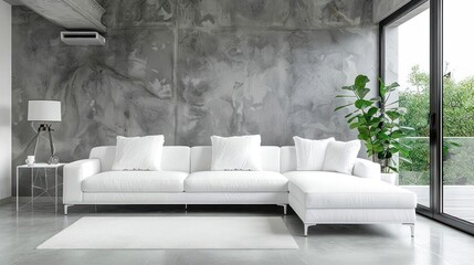 Modern living room with a white sectional sofa, exposed concrete walls, and a large window overlooking a balcony.