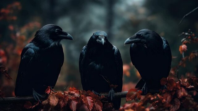 Three black ravens sit together on a branch, surrounded by autumn leaves, creating a dark, mysterious, and atmospheric scene.
