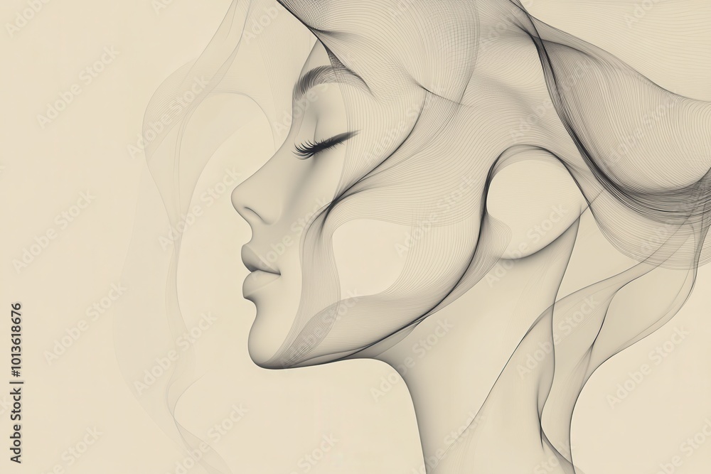 Poster the artwork showcases delicate lines artistically forming the profile of a female face with fluid mo