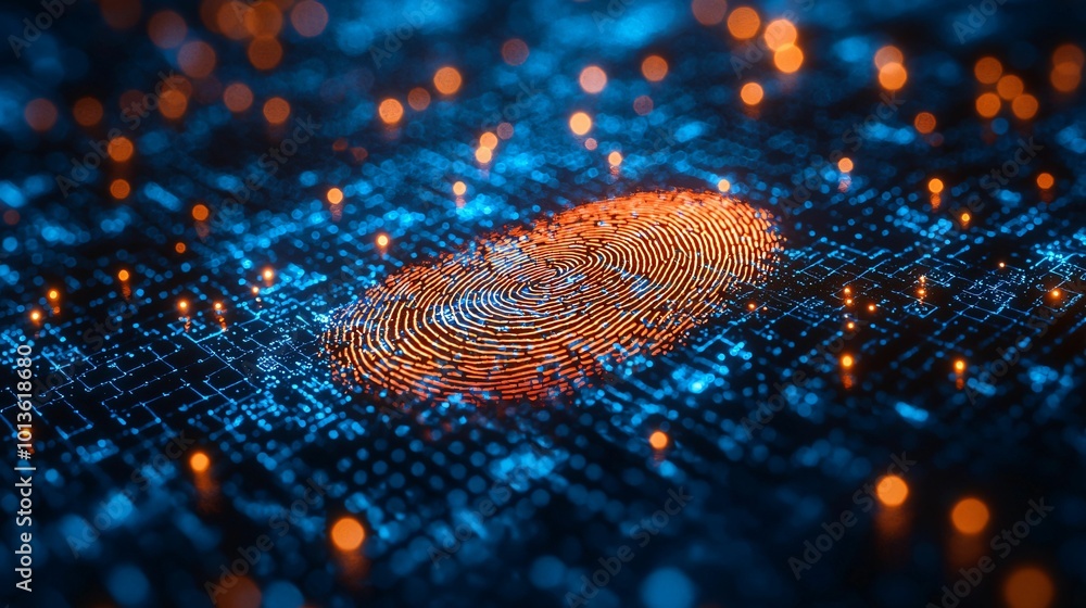 Poster digital fingerprint is displayed against vibrant blue and orange background, symbolizing security an