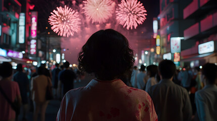 Fototapeta premium woman in traditional kimono stands in bustling street, watching vibrant fireworks illuminate night sky. festive atmosphere is filled with excitement and joy