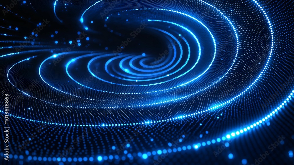 Poster mesmerizing abstract design featuring glowing blue circular lines on dark background, creating sense