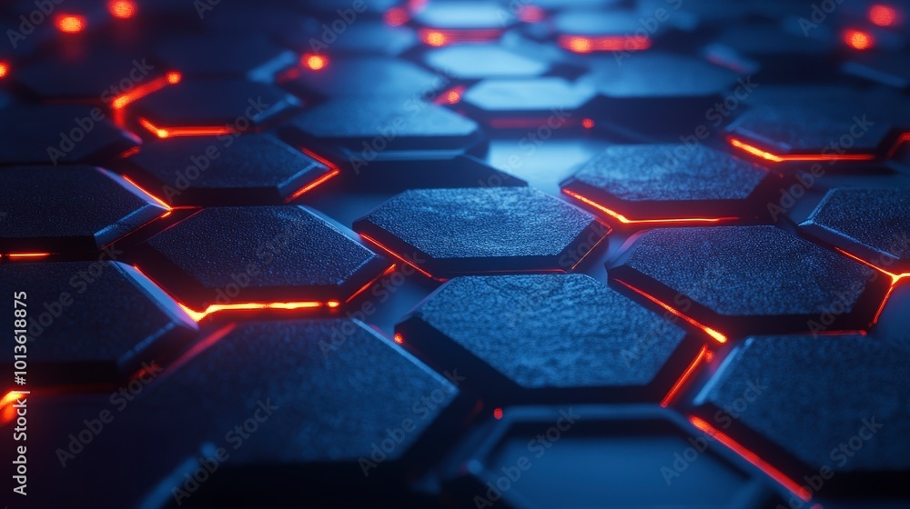 Poster futuristic glowing hexagonal pattern with blue and red light effects