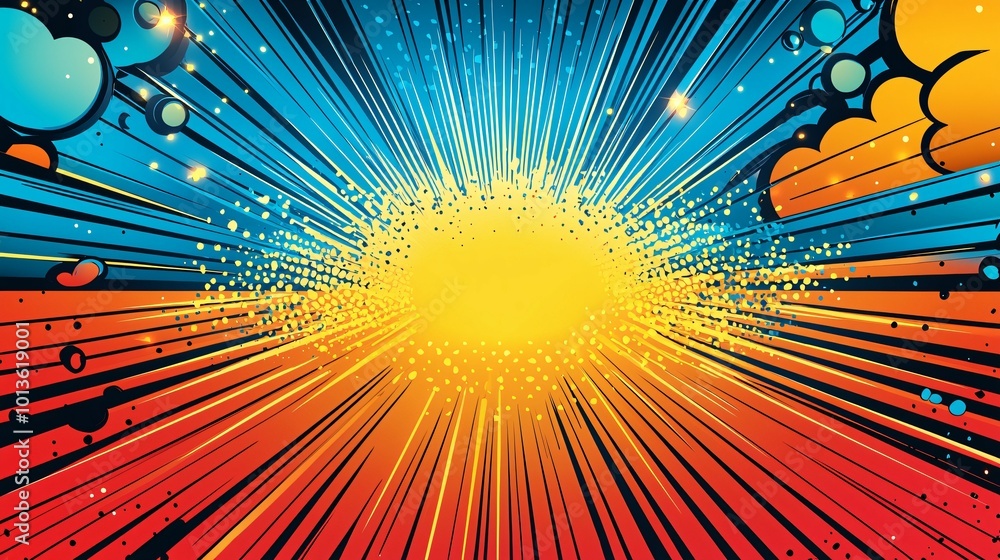 Poster bright and vibrant abstract background featuring dynamic rays of color radiating from central point,