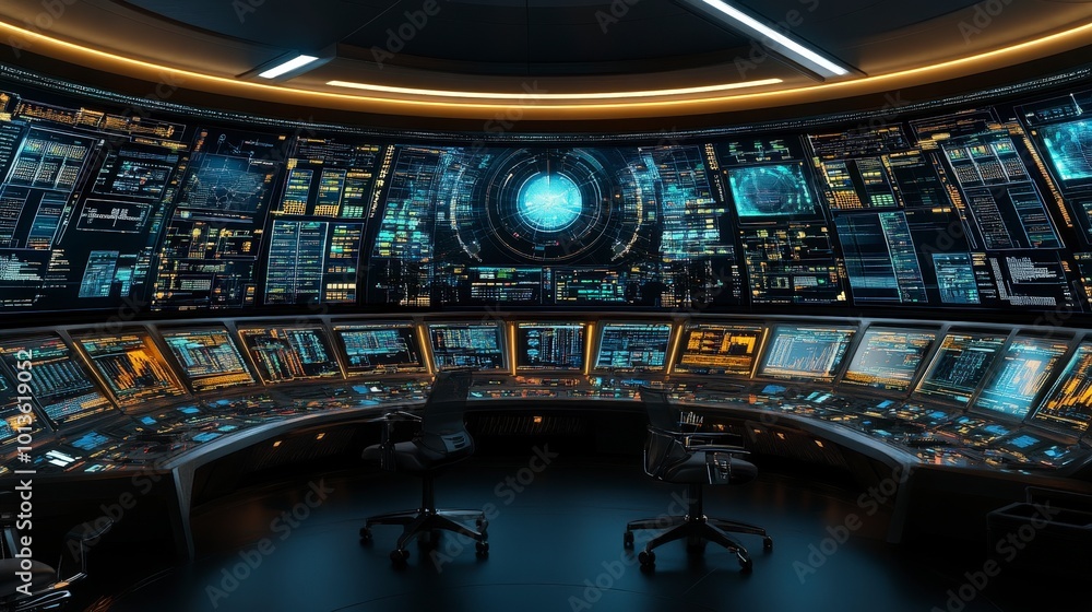 Poster futuristic control room with advanced technology and illuminated screens in operation