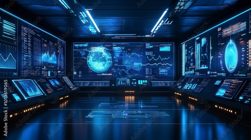 Poster futuristic command center with holographic displays and digital interfaces