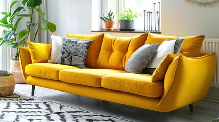 A yellow sofa with black and white pillows in a living room with a window and a patterned rug.