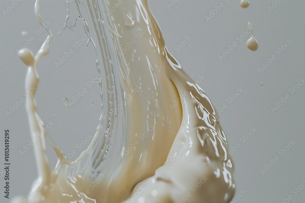 Poster a close-up image of spilled milk creating dynamic splashes and droplets against a soft, neutral back