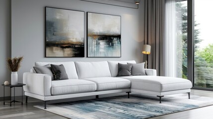 Fototapeta premium Modern white sectional sofa with two abstract paintings and a blue patterned rug in a living room.